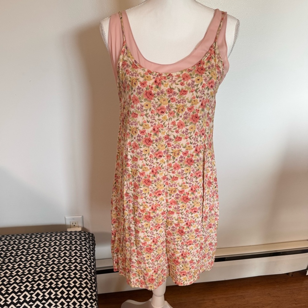 Vintage 90s Double Layer Floral Sleeveless Dress with Pink Accents Size Small